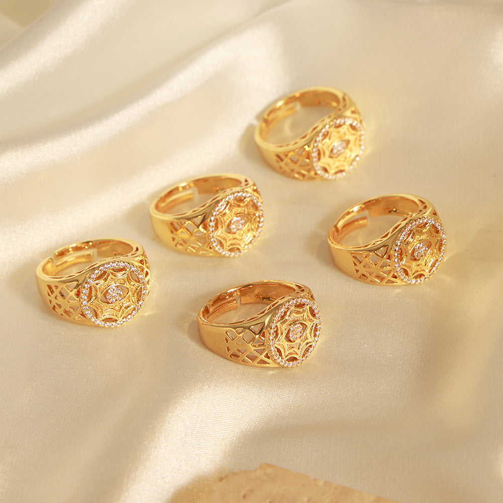 Vintage Round Hollow Shiny Stone Open Ring