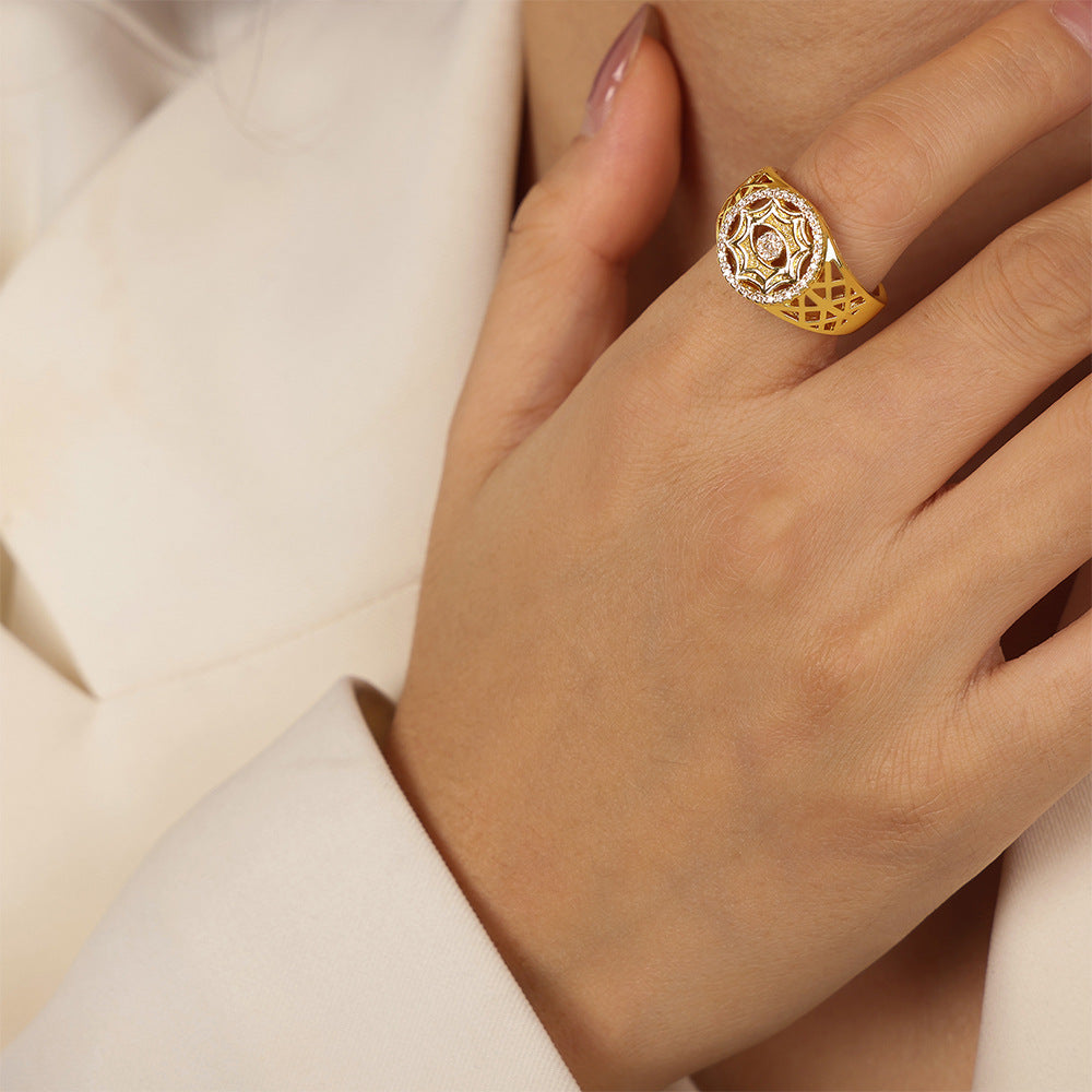 Vintage Round Hollow Shiny Stone Open Ring