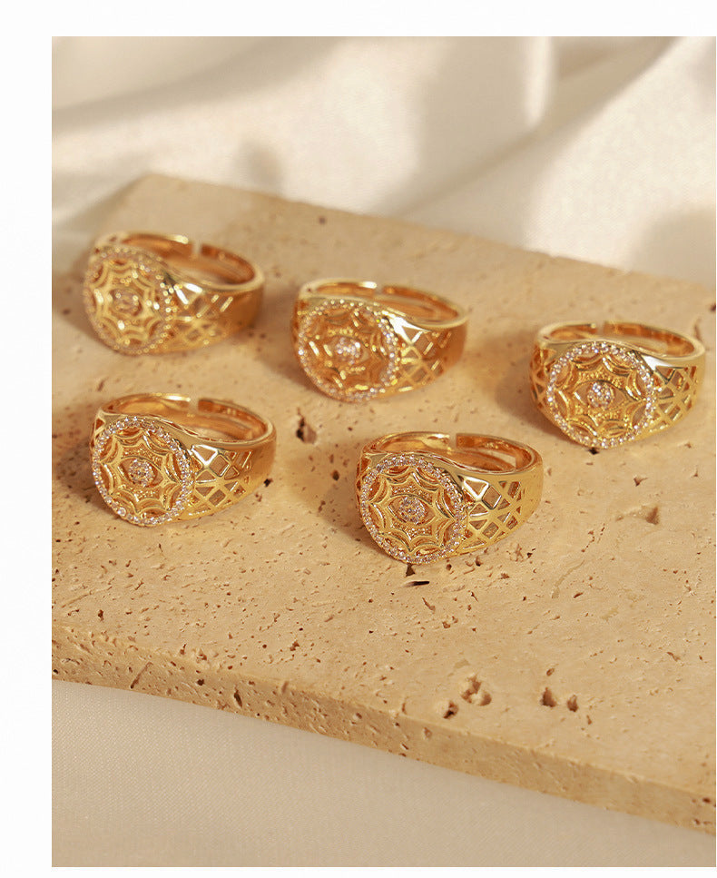 Vintage Round Hollow Shiny Stone Open Ring