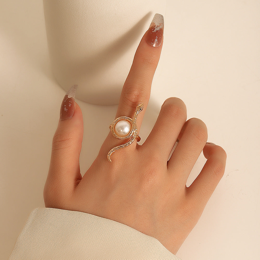 ins personality niche design snake wrapped pearl open ring
