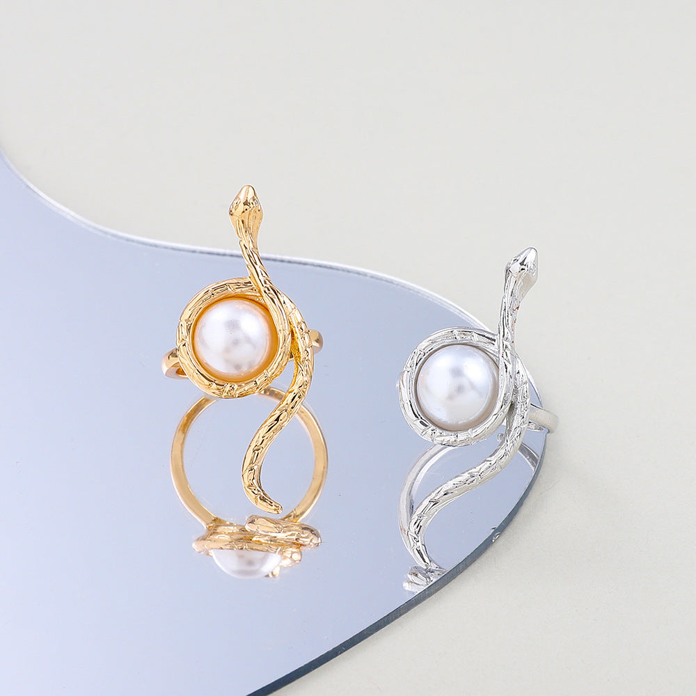 ins personality niche design snake wrapped pearl open ring