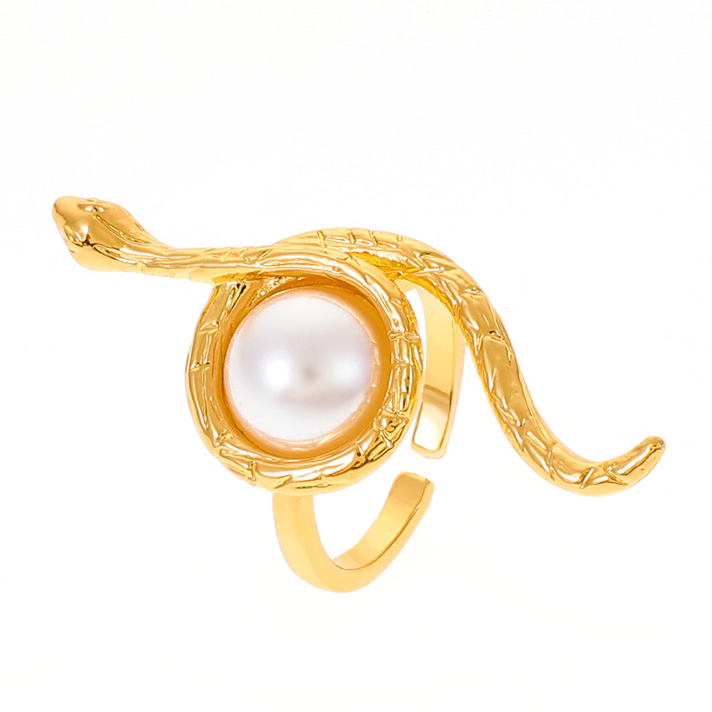 ins personality niche design snake wrapped pearl open ring