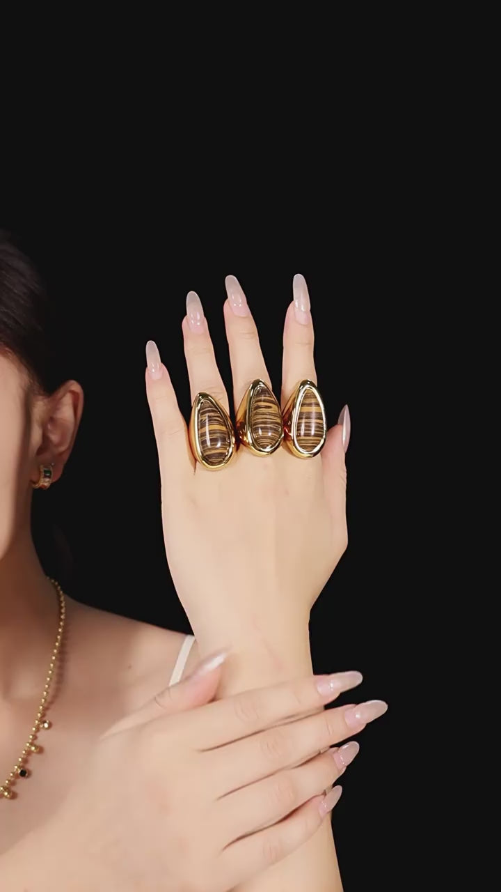 EXAGGERATED STAINLESS STEEL MATERIAL WOOD GRAIN STONE RECTANGULAR RING